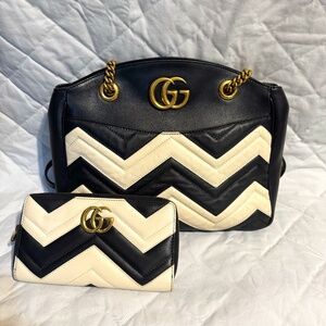 Gucci Marmont Chain Tote + Black/White Chevron Quilted Zip Around Wallet (Set)